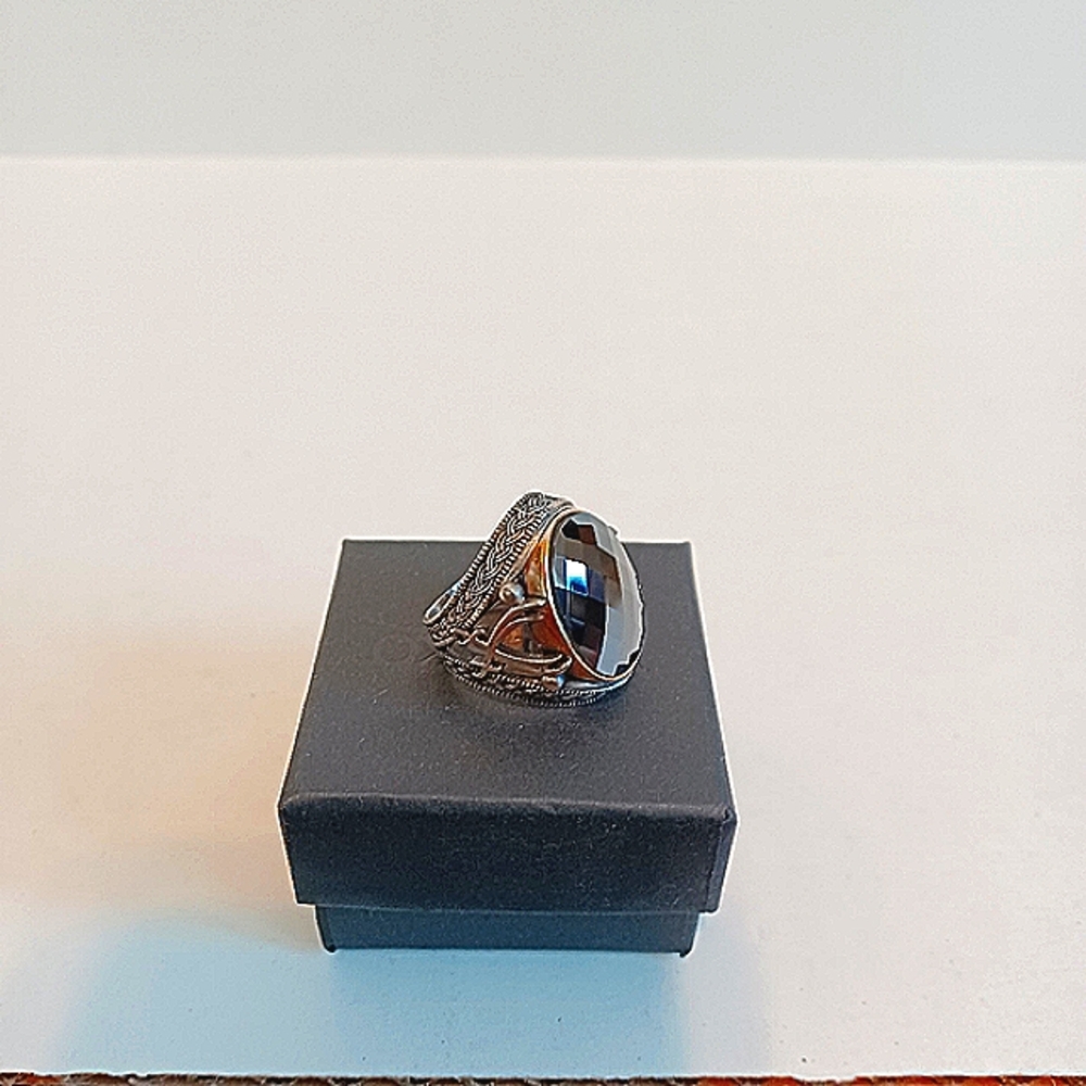 Dazzling Silver Ring, Size 8, with Black Zircon Stone